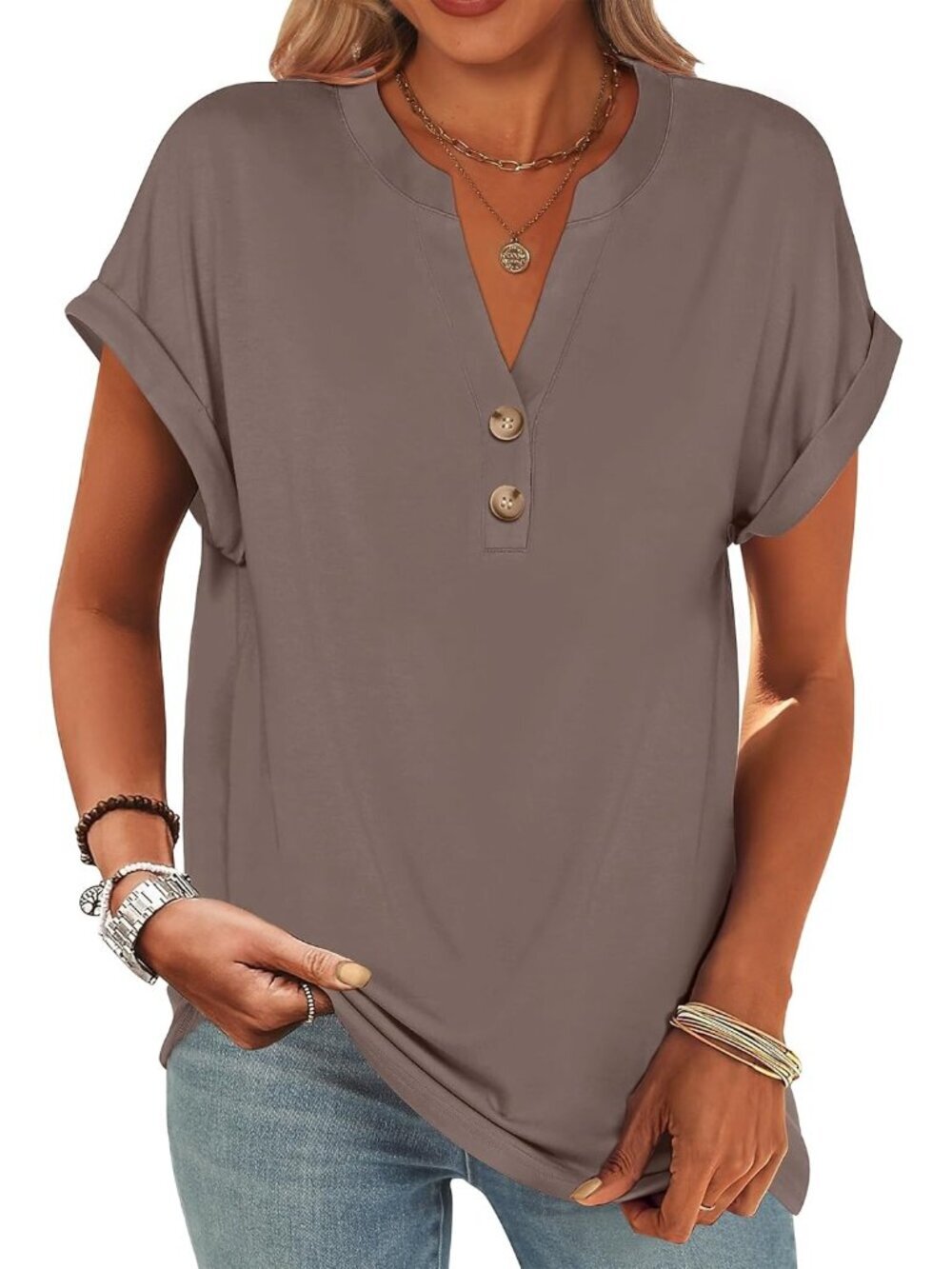 Women's Brown Summer Short Sleeves Henley V Neck Comfortable Trendy Tee Shirts